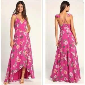 Lulus Floral Magenta Pink High-Low Maxi Wrap Dress Ruffle Straps XS